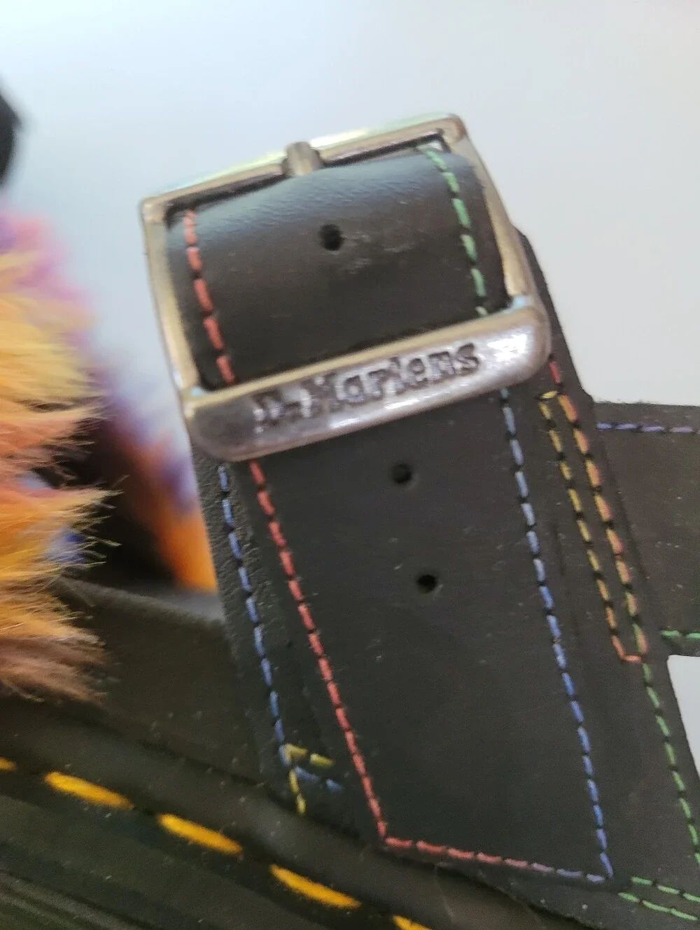 Dr. Martens 10 Black Platform Sandals with Rainbow Faux Fur Straps